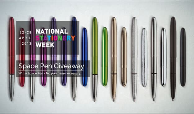 Collection of various Space Pens in different colours lined up for National Stationery Week giveaway