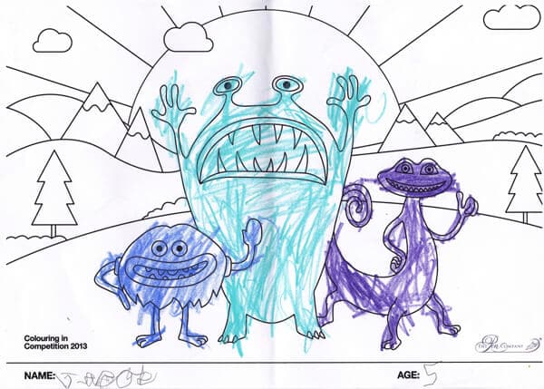 Colouring competition entry: three monsters coloured blue and purple with mountain background