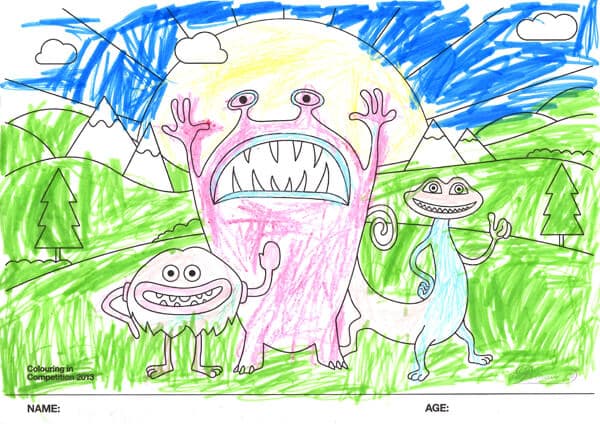 Colouring competition entry: three colourful monsters on green grass with blue sky and mountains