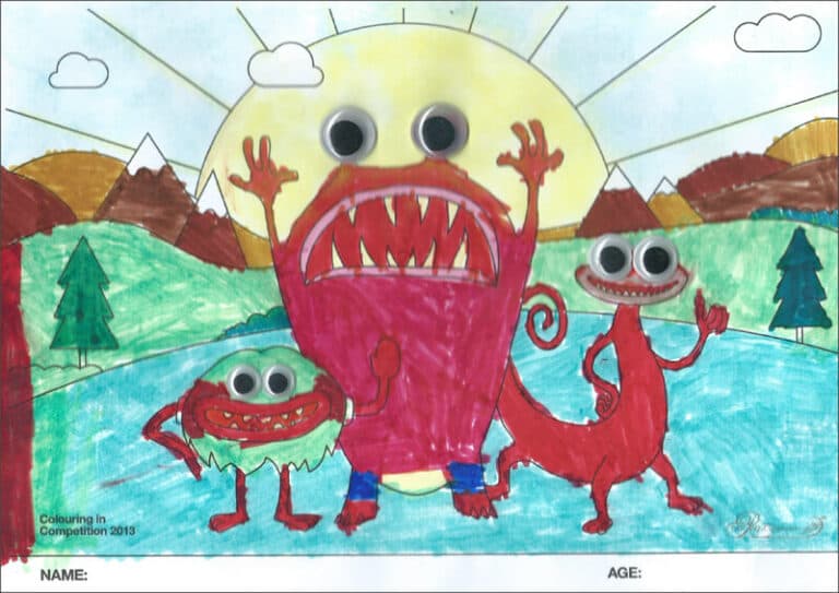 Colouring competition entry: three red monsters with googly eyes by blue river and green hills