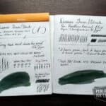 Diamine Green Black fountain pen ink swatches and writing samples in notebook pages