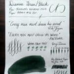 Handwritten Diamine Green/Black ink sample showing writing and ink swatches on white paper