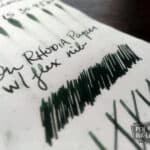 Diamine Green Black fountain pen ink swatches and handwriting sample on white paper