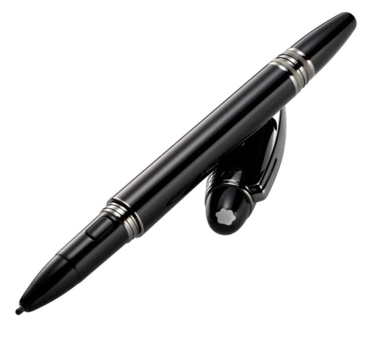 Montblanc black luxury pen with silver trim and white star logo on cap top