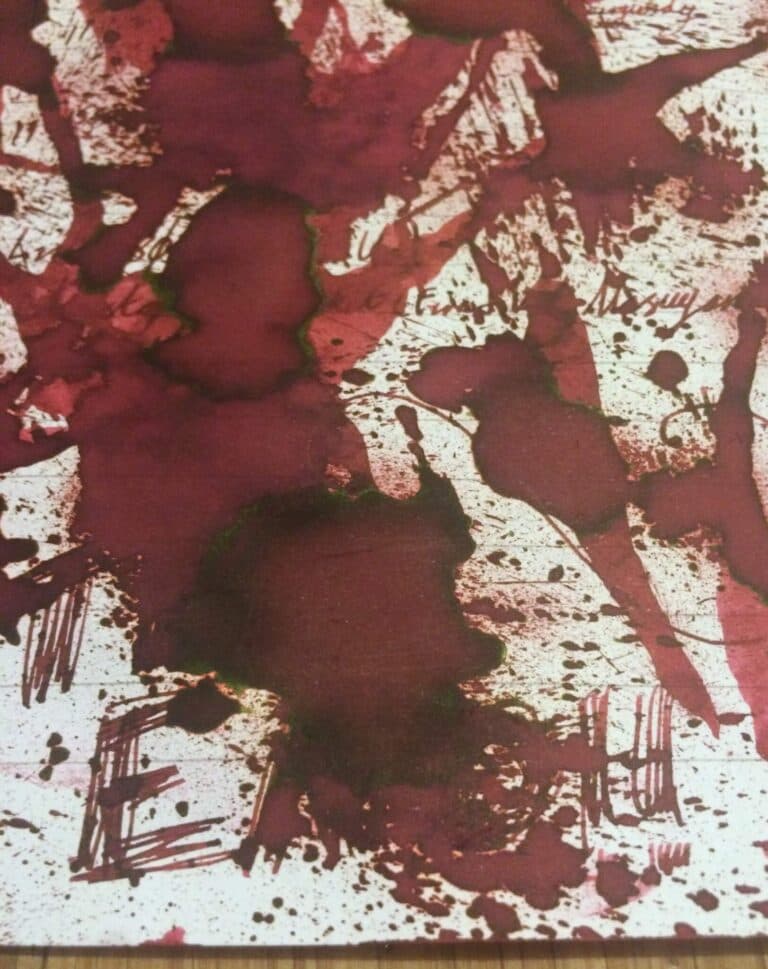 Sailor Jentle Ink Oku-Yama dark red ink splatters and shading on paper with writing samples