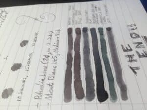 Graf Von Faber-Castell Stone Grey ink swatches and handwriting samples on lined paper