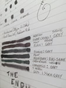 Handwritten ink swatches and notes testing Graf Von Faber-Castell Stone Grey ink on paper