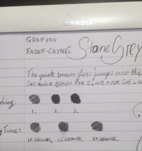 Handwritten Graf Von Faber-Castell Stone Grey ink swatches and writing on Rhodia paper