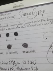 Handwritten ink test and notes for Graf Von Faber-Castell Stone Grey on Rhodia paper