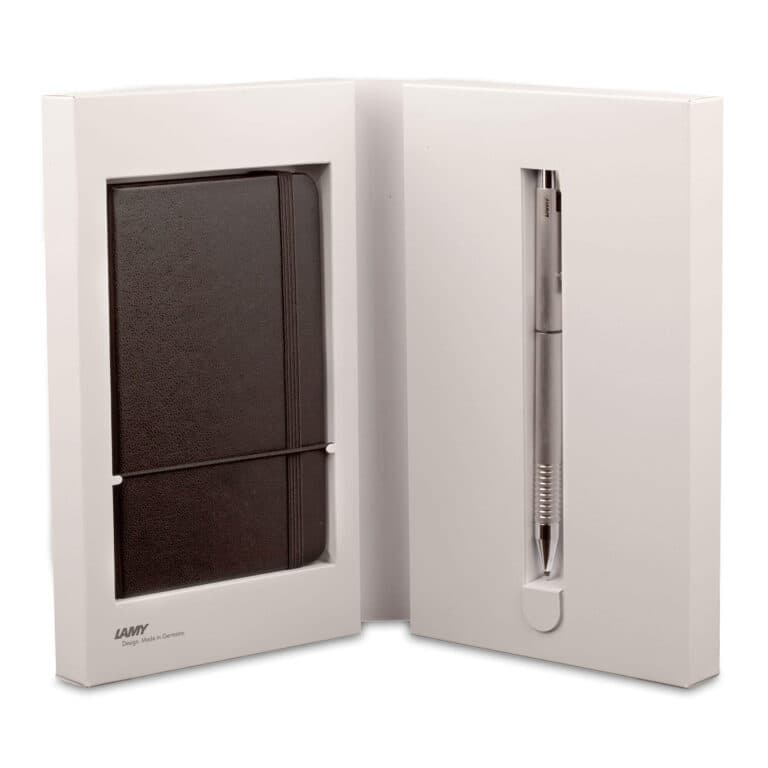 Lamy gift set with black notebook and silver pen in white presentation box