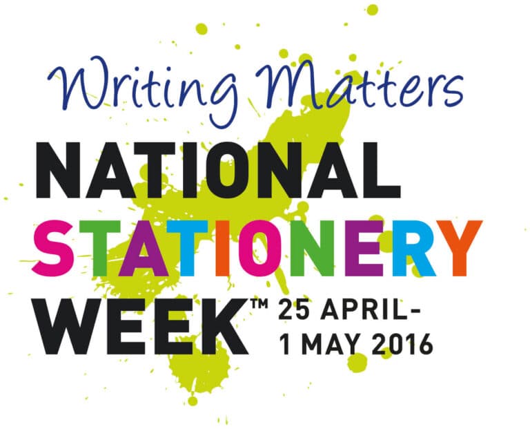 National Stationery Week logo with colourful text and green ink splatters 2016 dates included