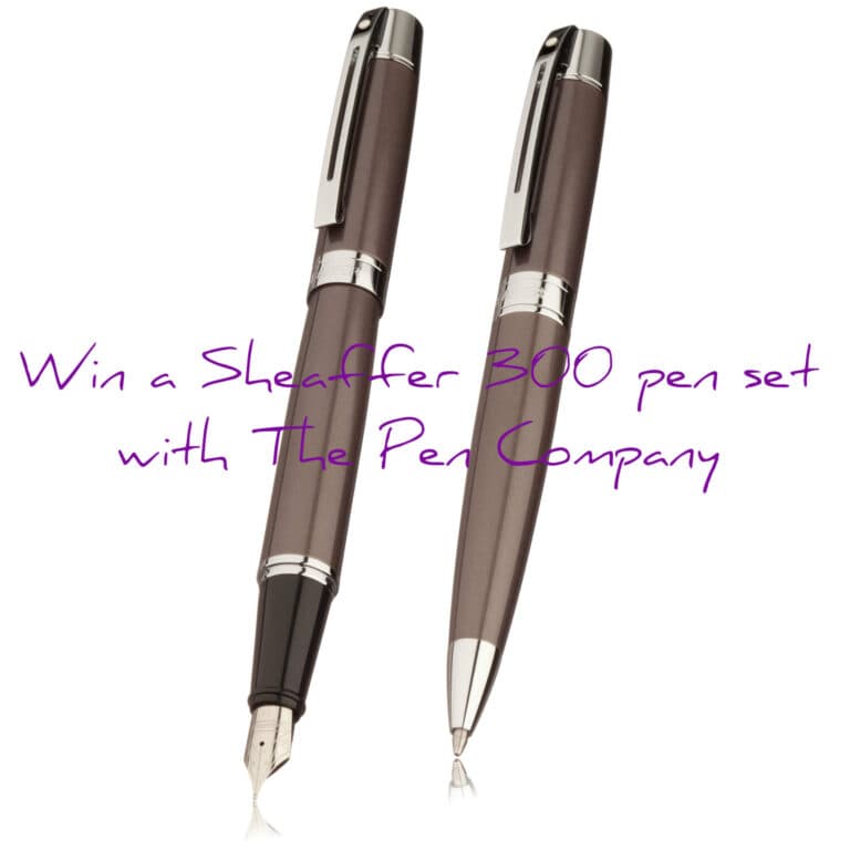Sheaffer 300 fountain pen and ballpoint pen set with purple promotional text overlay