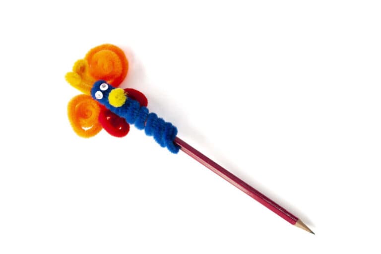 Red pencil decorated with colourful pipe cleaner butterfly craft topper