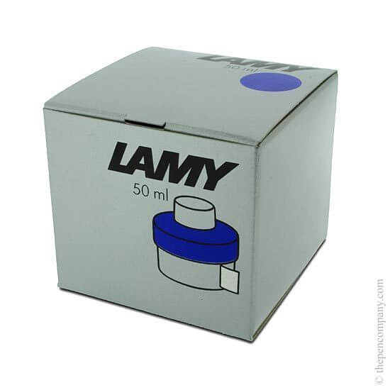The boxed Lamy T52 bottled ink in blue against a white background