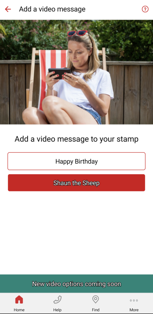 A screenshot of the Royal Mail app featuring the barcoded stamp feature of adding a video.
