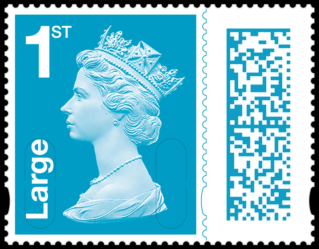 A Large 1st class barcoded Royal Mail postage stamp. It is blue.
