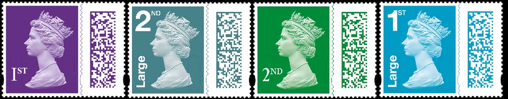 Four barcoded Royal Mail postage stamps of various values and colours.