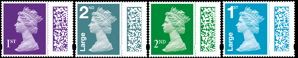 Four barcoded Royal Mail postage stamps of various values and colours.