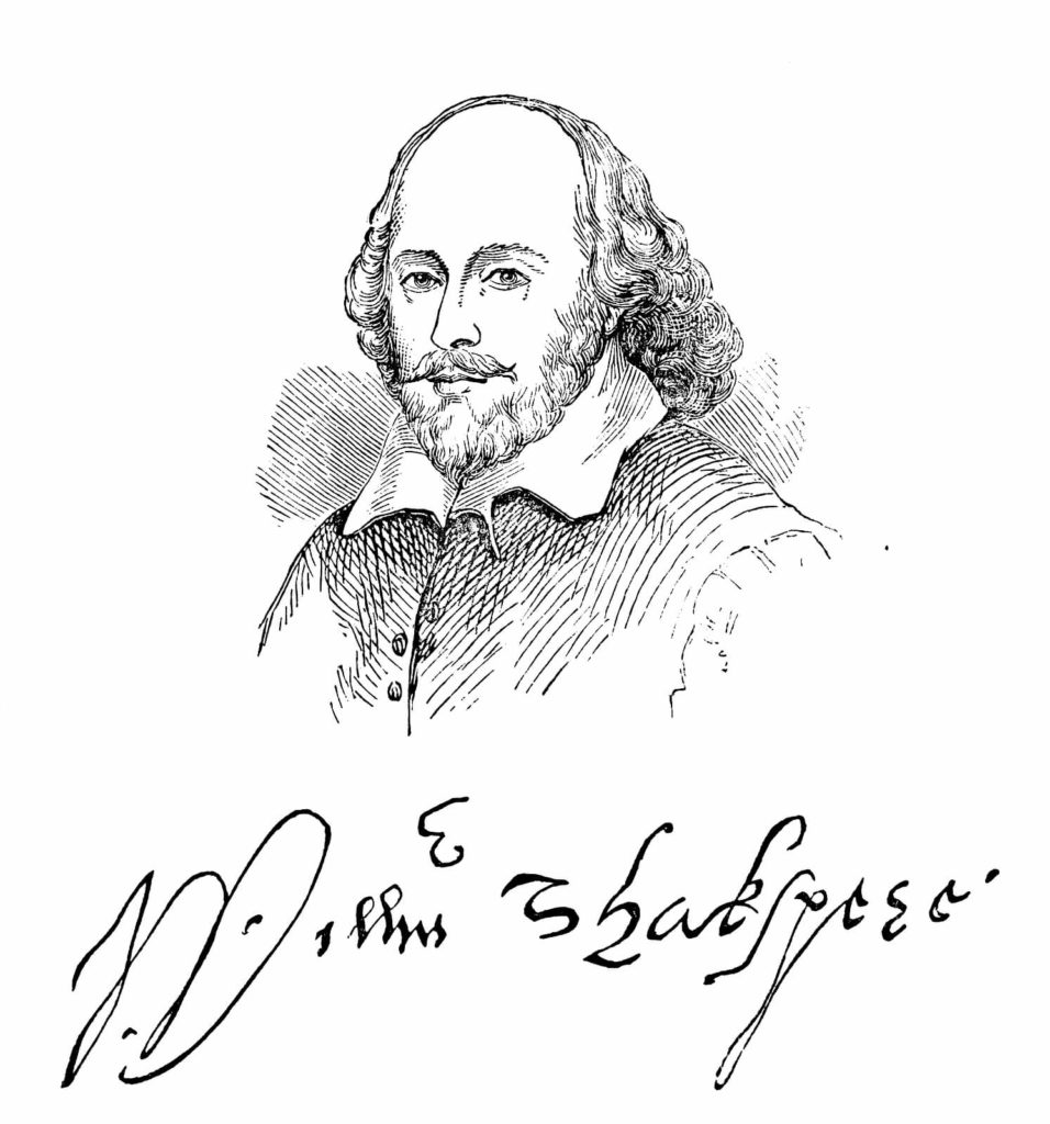 An engraved illustration image of the Elizabethan playwright William Shakespeare and his signature, from a Victorian book dated 1883 that is no longer in copyright