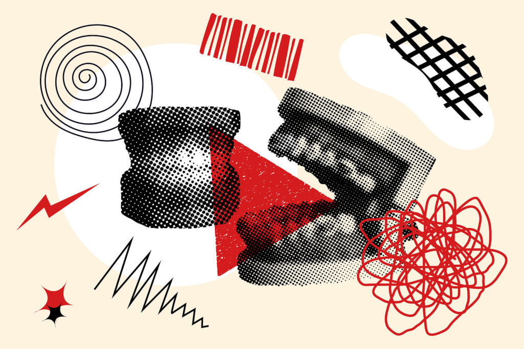 An abstract art collage featuring chattering teeth and various shapes and squiggles.