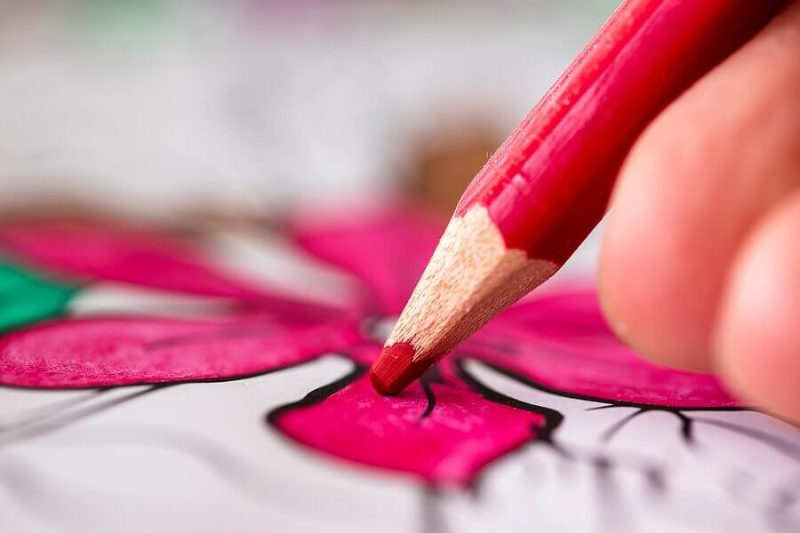 A close up macro portrait of fingers of a hand holding a red wooden pencil coloring in a flower in a coloring book for adults.