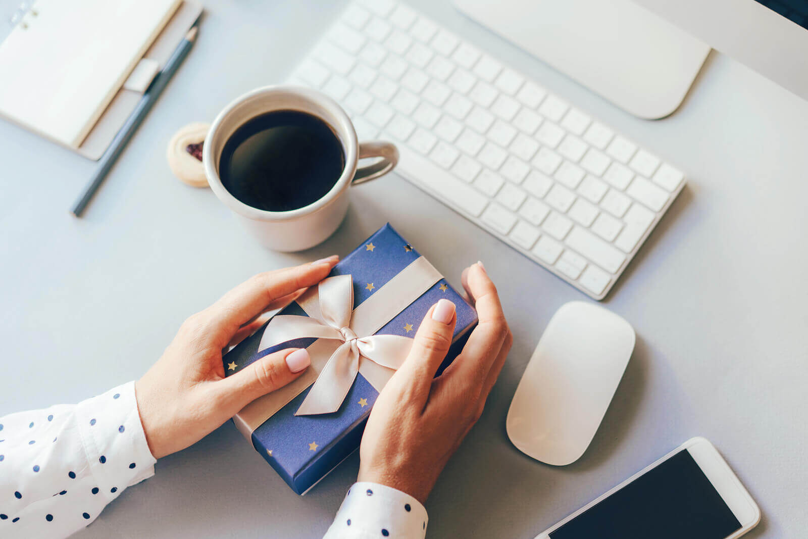 A corporate gift wrapped up on a desk