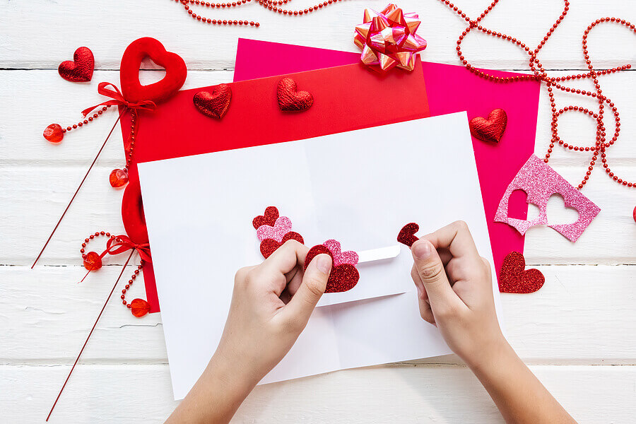 Valentines day background. Valentine card with heart. DIY for kids.