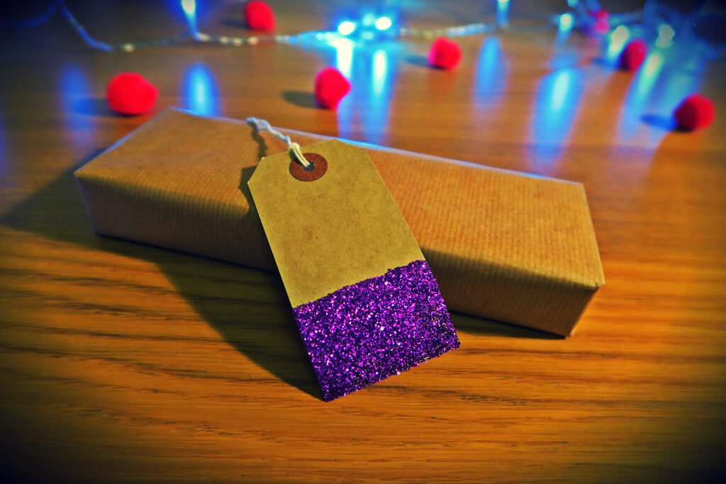 homemade purple glittery gift tag