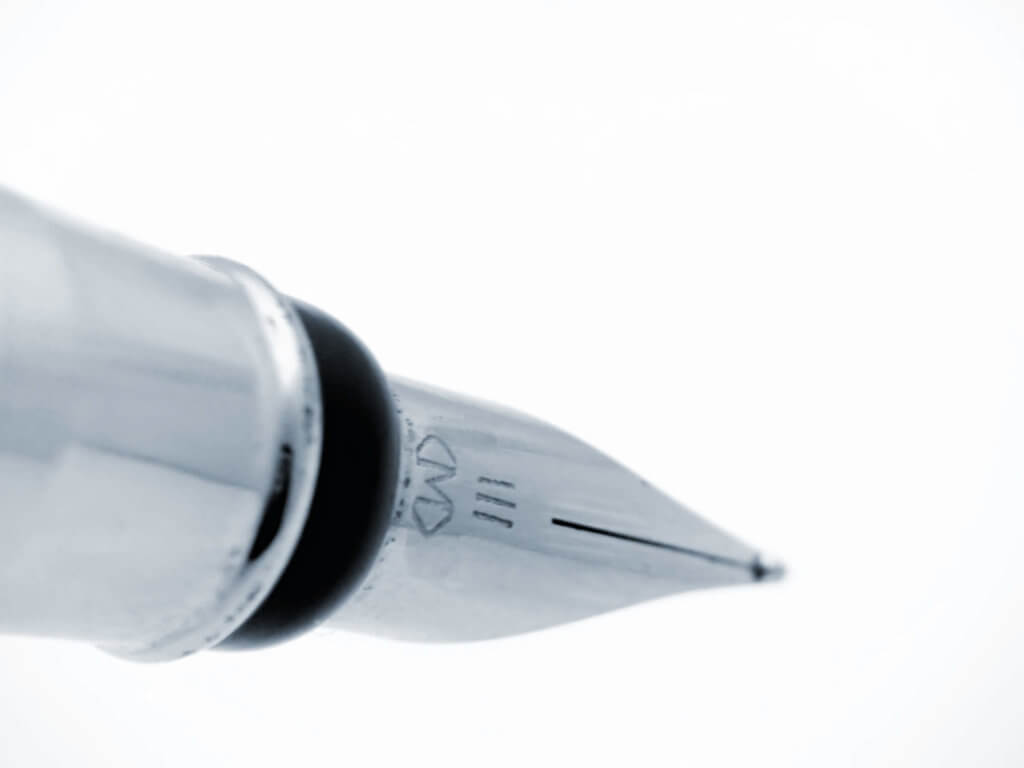 Close-up of a silver fountain pen nib