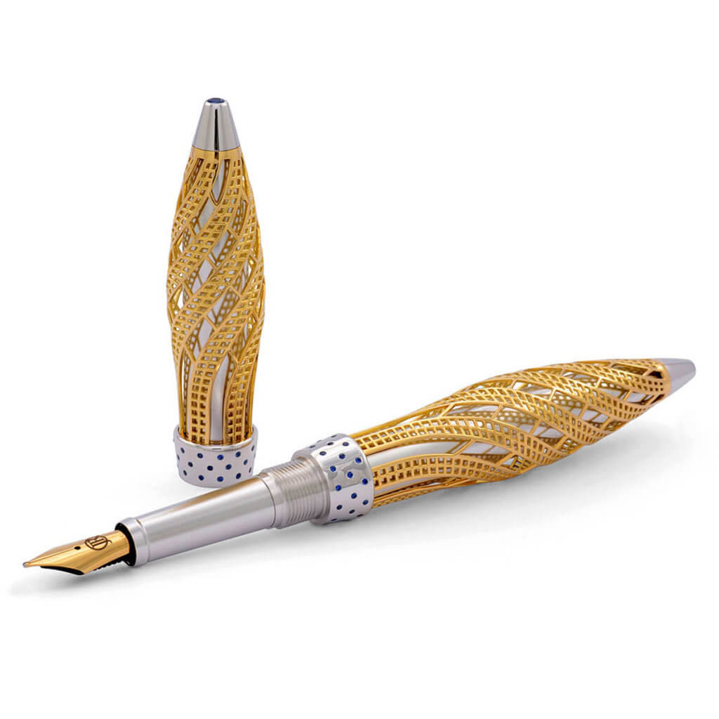 Jack Row Architect fountain pen in yellow gold and sapphire
