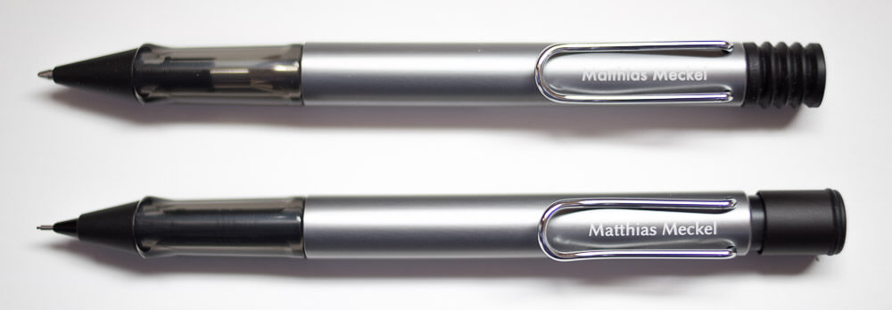 Top: ballpoint pen with Futura font engraving, bottom: mechanical pencil with Biolinum font engraving (free alternative to Optima)