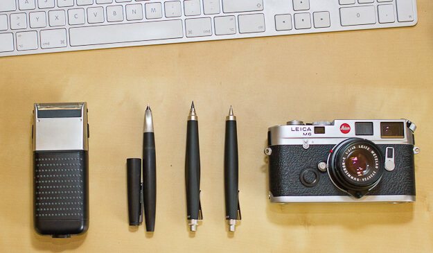 Black and Silver (Braun, Lamy 2000, 2x Lamy scribble, Leica - unfortunately I couldn't fit an iMac into this picture as well)