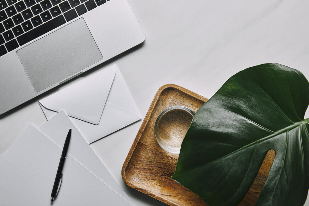 A table with stationery, a laptop, a tray and a plant on it