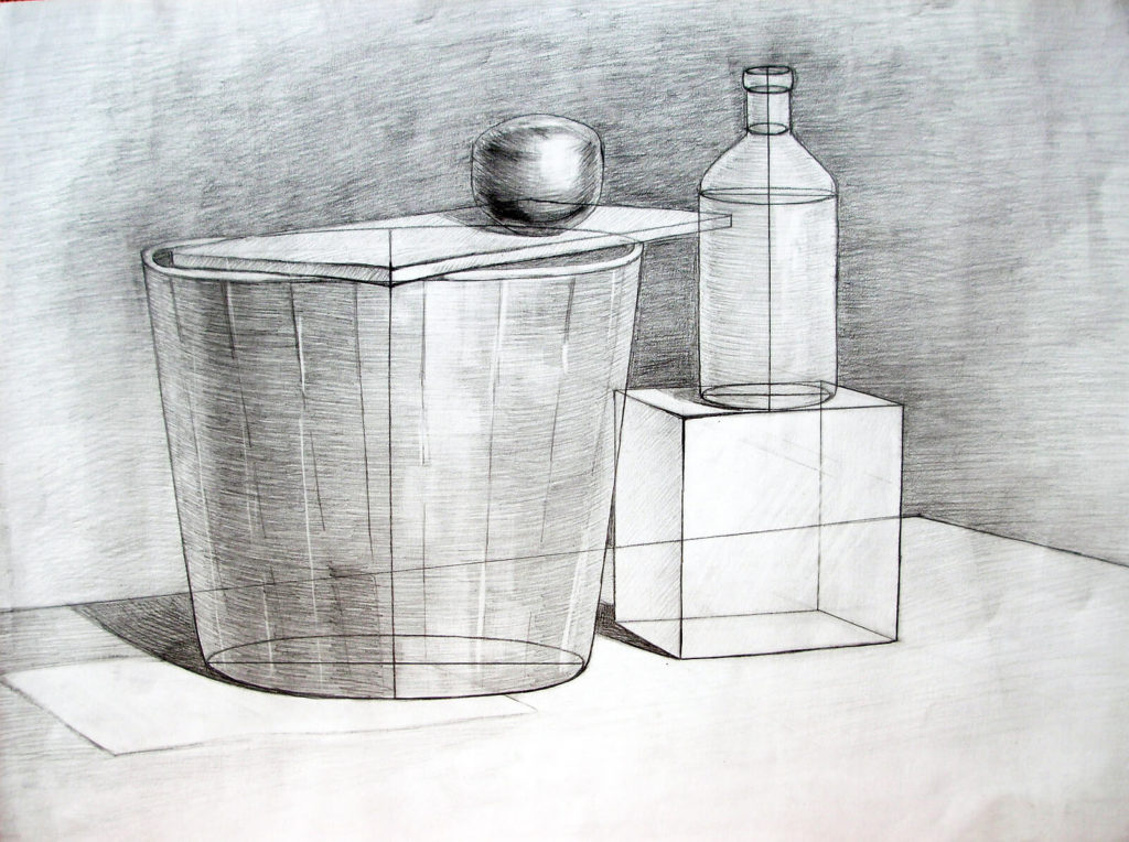 A still life drawing depicting objects with basic shapes.