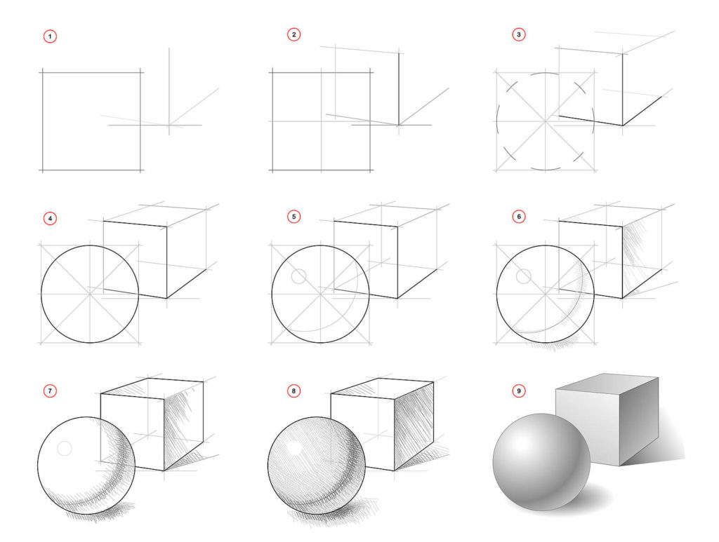 A step-by-step guide to drawing a still-life of a cube and sphere.