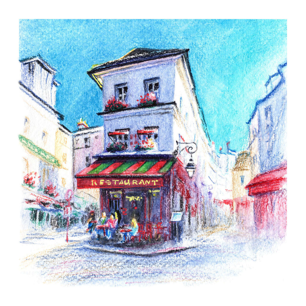 A watercolour pencil drawing of a restaurant in Paris, France.