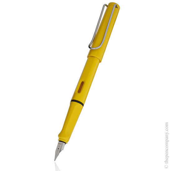 A yellow Lamy Safari fountain pen against a white background
